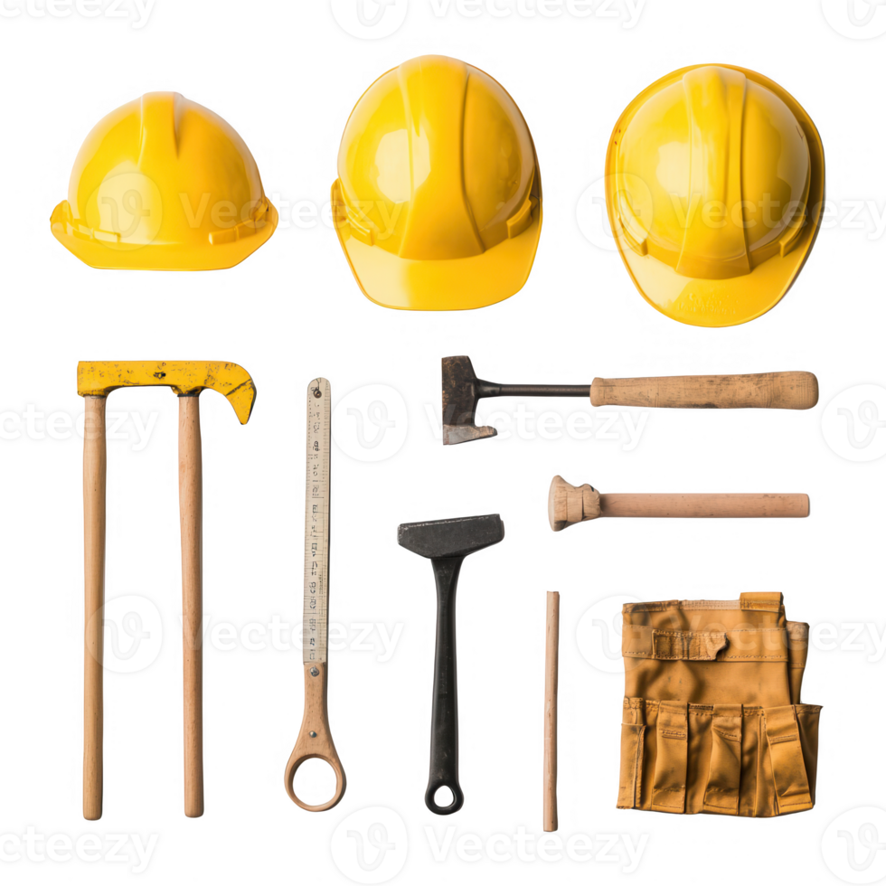 Set of yellow construction helmets and tools for building and renovation projects. png