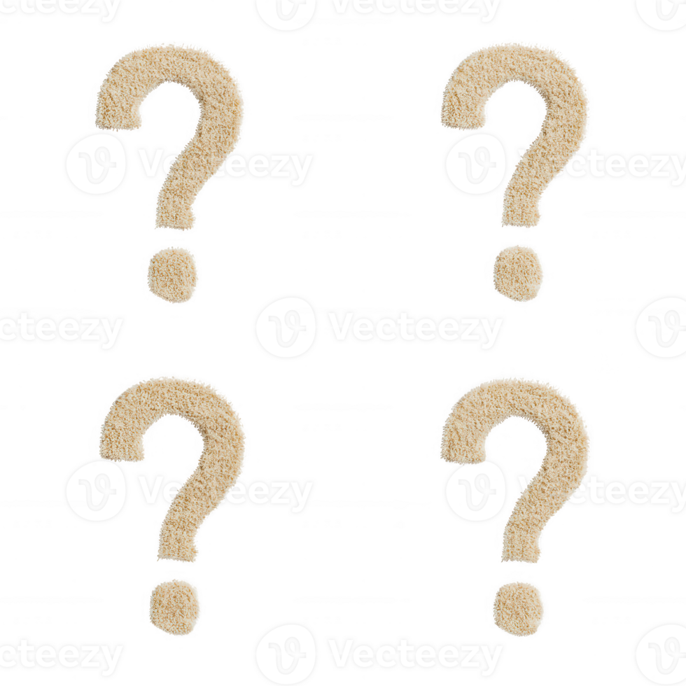 Four creative question marks made of a textured material on a transparent background. png