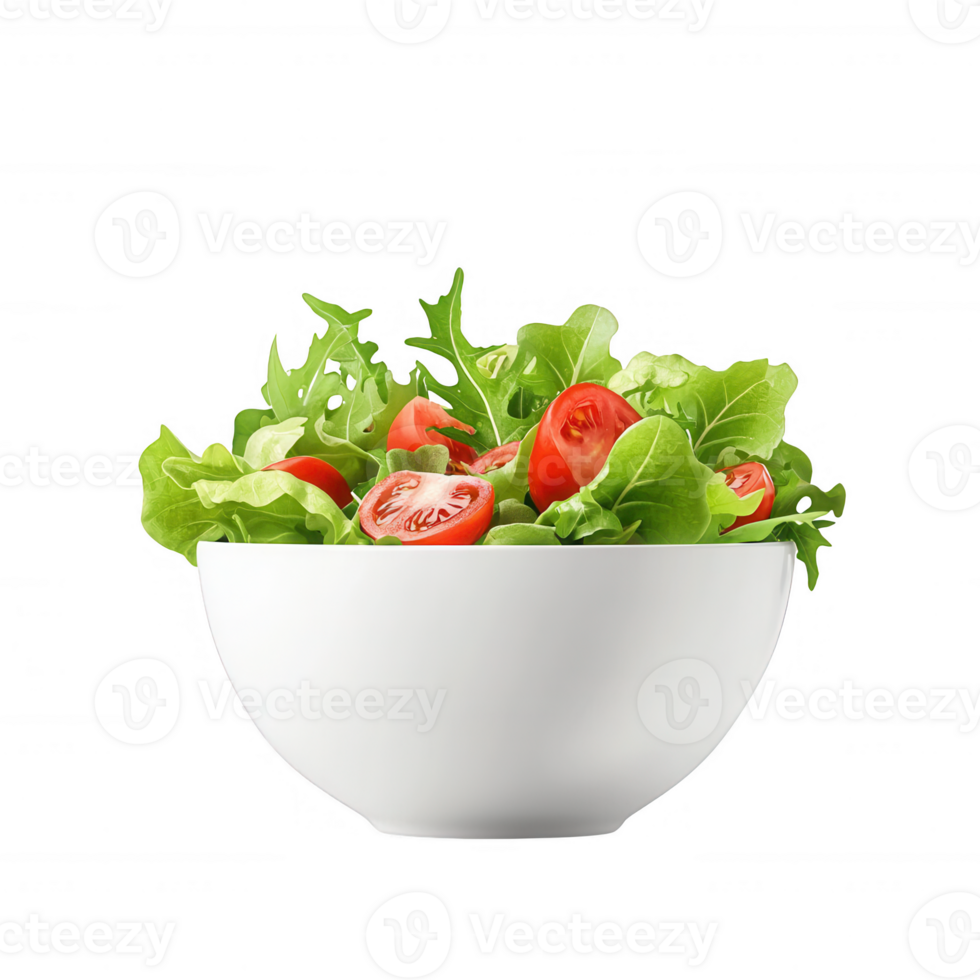 Fresh green salad with cherry tomatoes in a white bowl, perfect for healthy meals. png