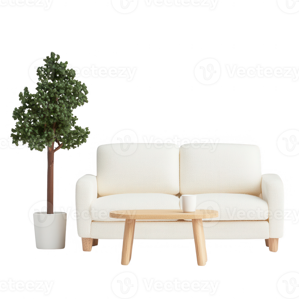 Modern living room scene featuring a cozy couch, table, and decorative plant. png