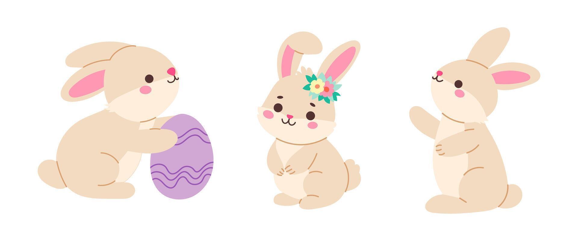 Three rabbits are playing with an egg. One of the rabbits is holding the egg. The other two rabbits are watching vector