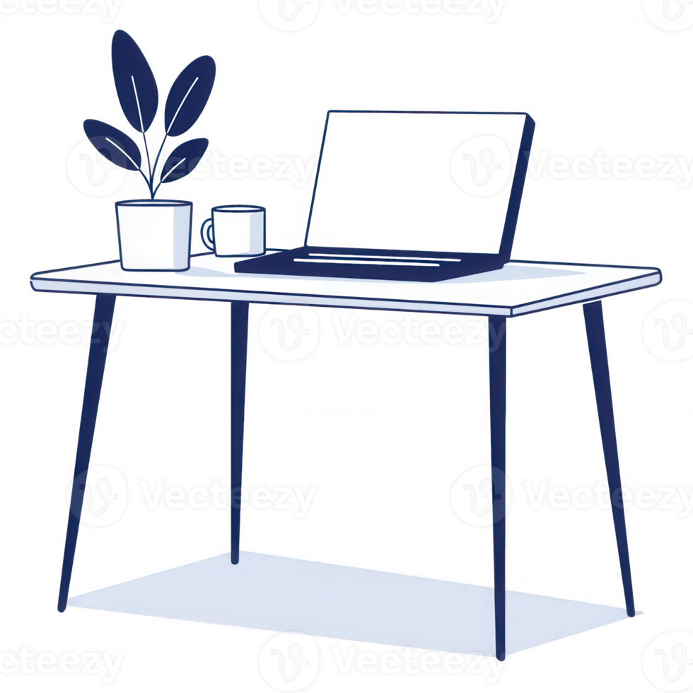 Modern workspace with a laptop, plant, and coffee cup on a stylish desk. png
