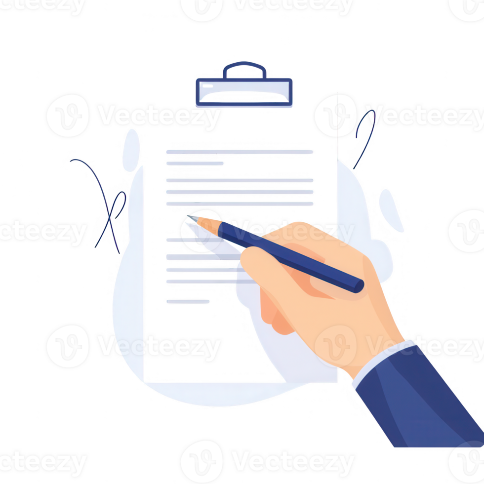 Person's hand holding pen, writing on clipboard with document. Concept of planning. png