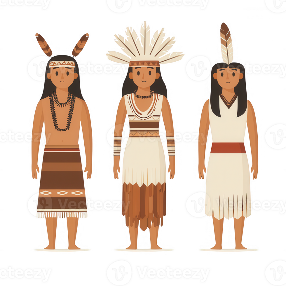 Illustration of three indigenous characters in traditional attire with unique accessories. png