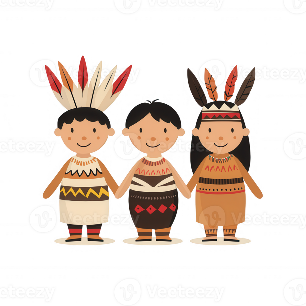 Three children wearing traditional attire with vibrant headdresses, smiling joyfully. png