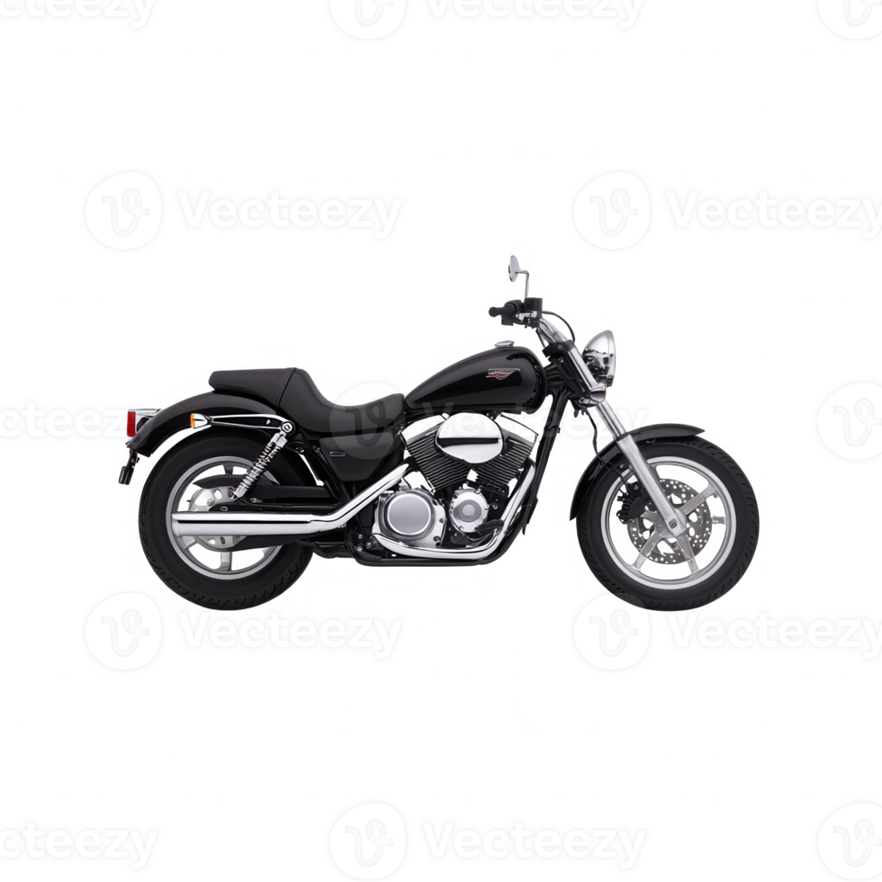 Stylish black motorcycle parked on a white background, showcasing sleek design and power. png