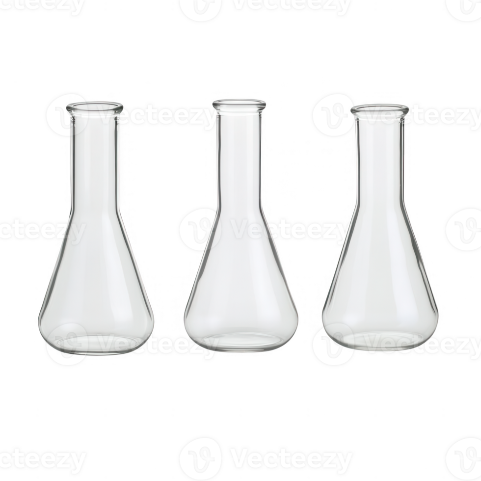 Three empty laboratory flasks arranged on a white background. png