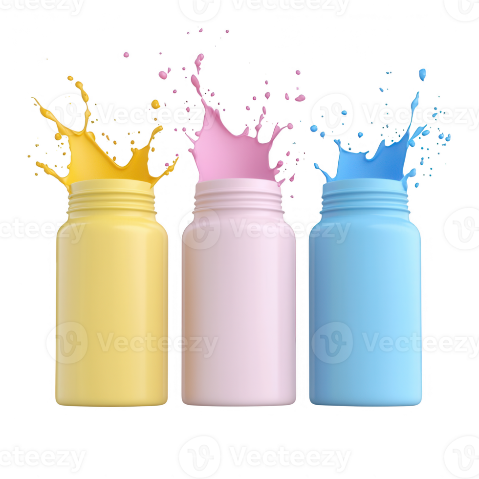 Three colorful jars with splashes of paint in yellow, pink, and blue on a white background. png