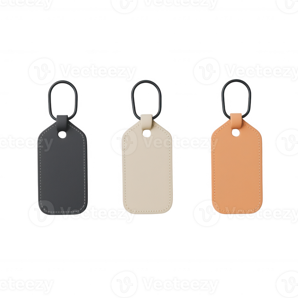 Three leather luggage tags in black, beige, and orange for travel organization. png