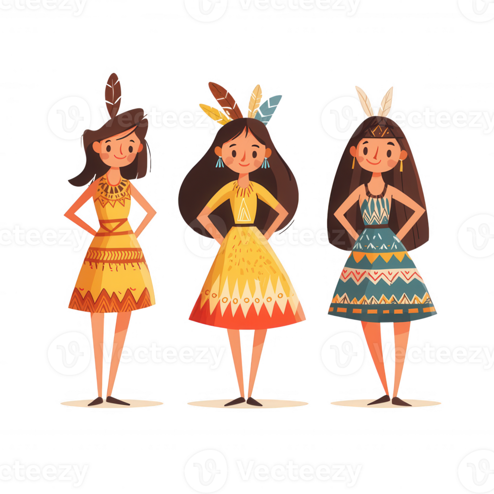 Three smiling young women in colorful traditional dresses with feathers. png