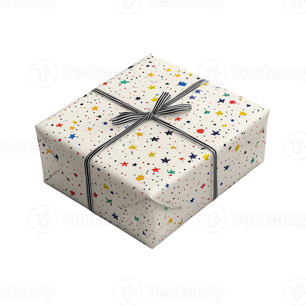 A beautifully wrapped gift box with colorful star patterns and a festive ribbon. png