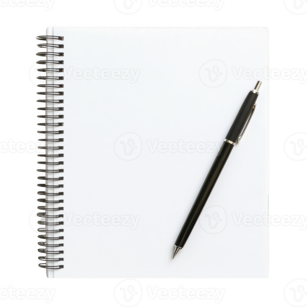 A blank notebook and pen on a white background, ideal for creativity and planning. png