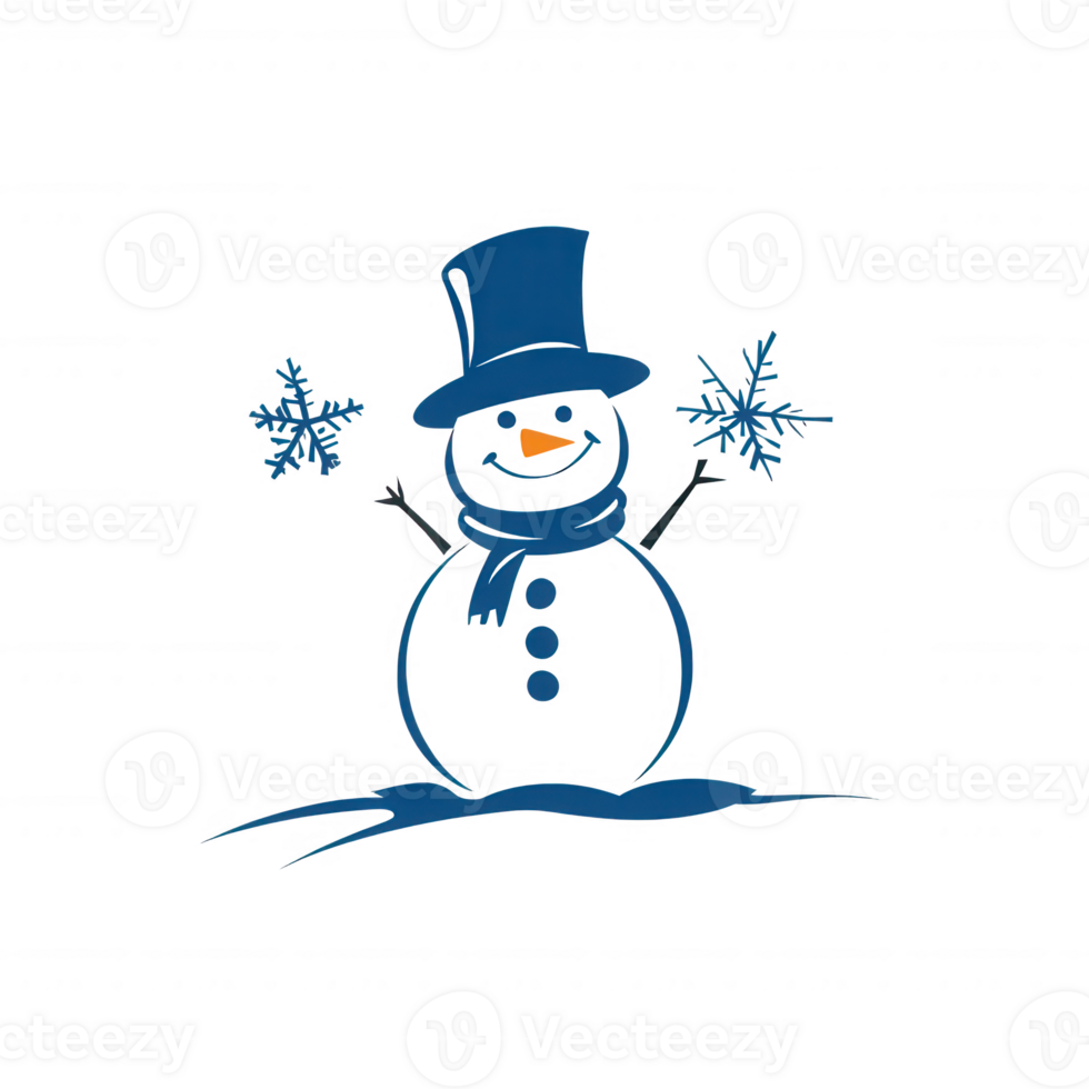 A cheerful snowman with a blue hat and scarf, surrounded by snowflakes, evokes winter joy. png