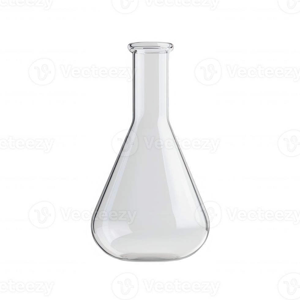 A clear laboratory flask designed for scientific experiments and reactions. png