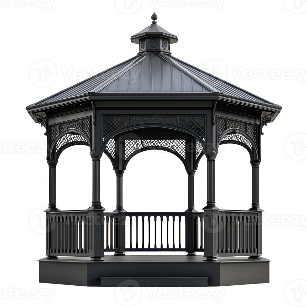 A beautiful ornate gazebo with intricate designs and a charming roof structure. png