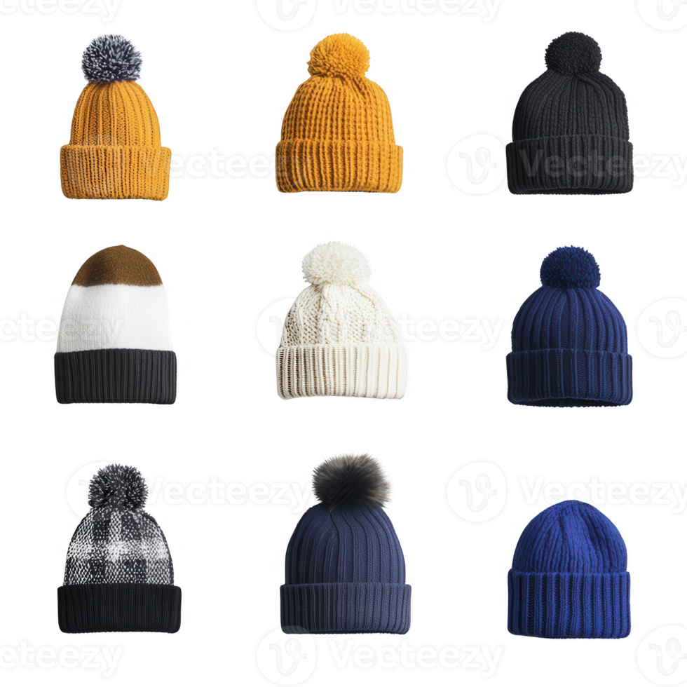 A collection of colorful knitted winter hats with pom-poms arranged neatly. png