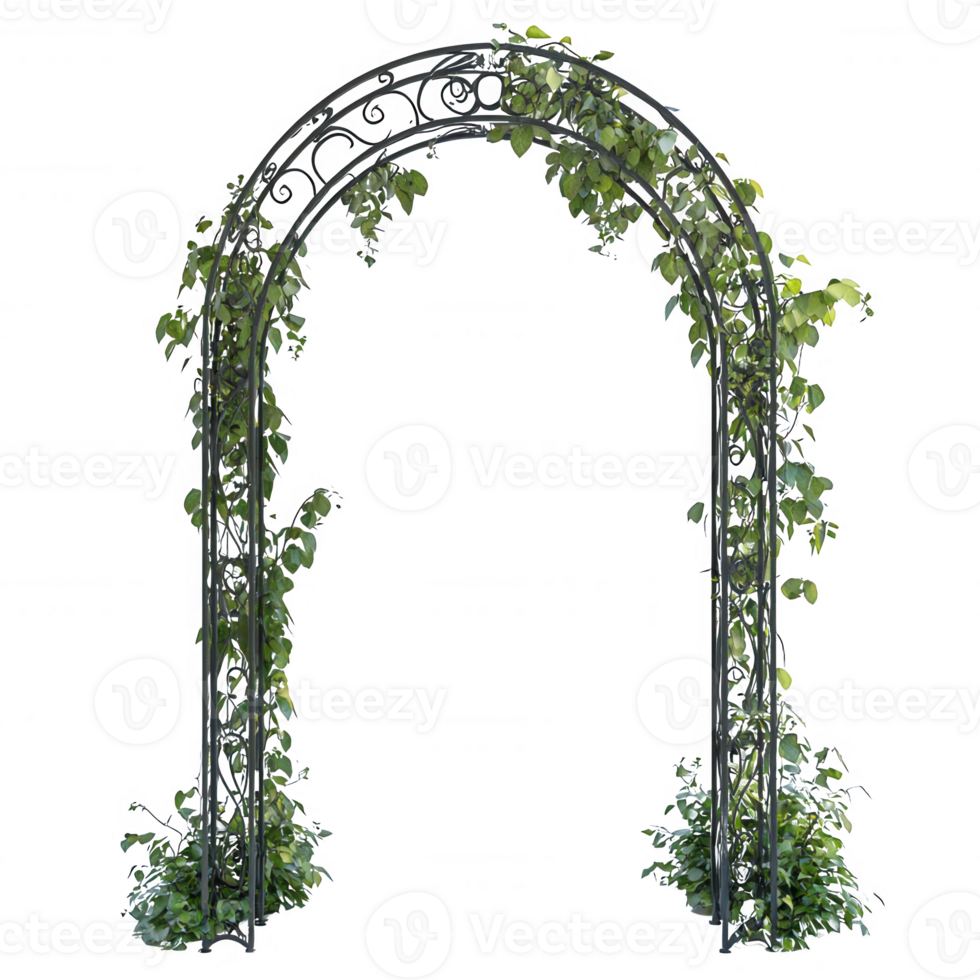 A decorative garden arch adorned with lush green vines and foliage. png