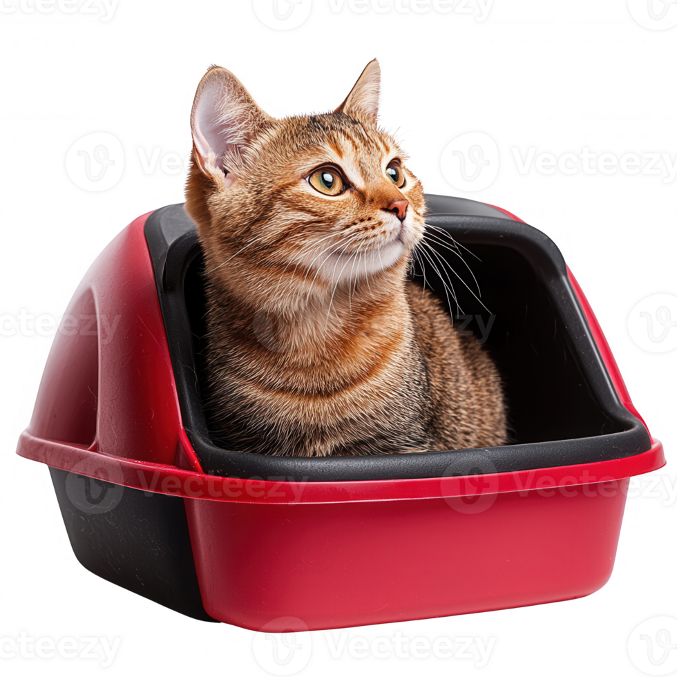 A curious cat sits gracefully inside a colorful litter box, showcasing its playful nature. png