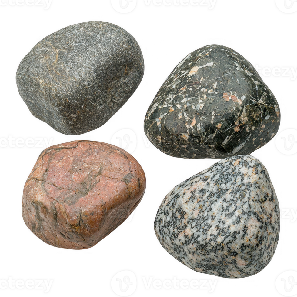 A collection of unique and colorful stones arranged artistically on a white background. png