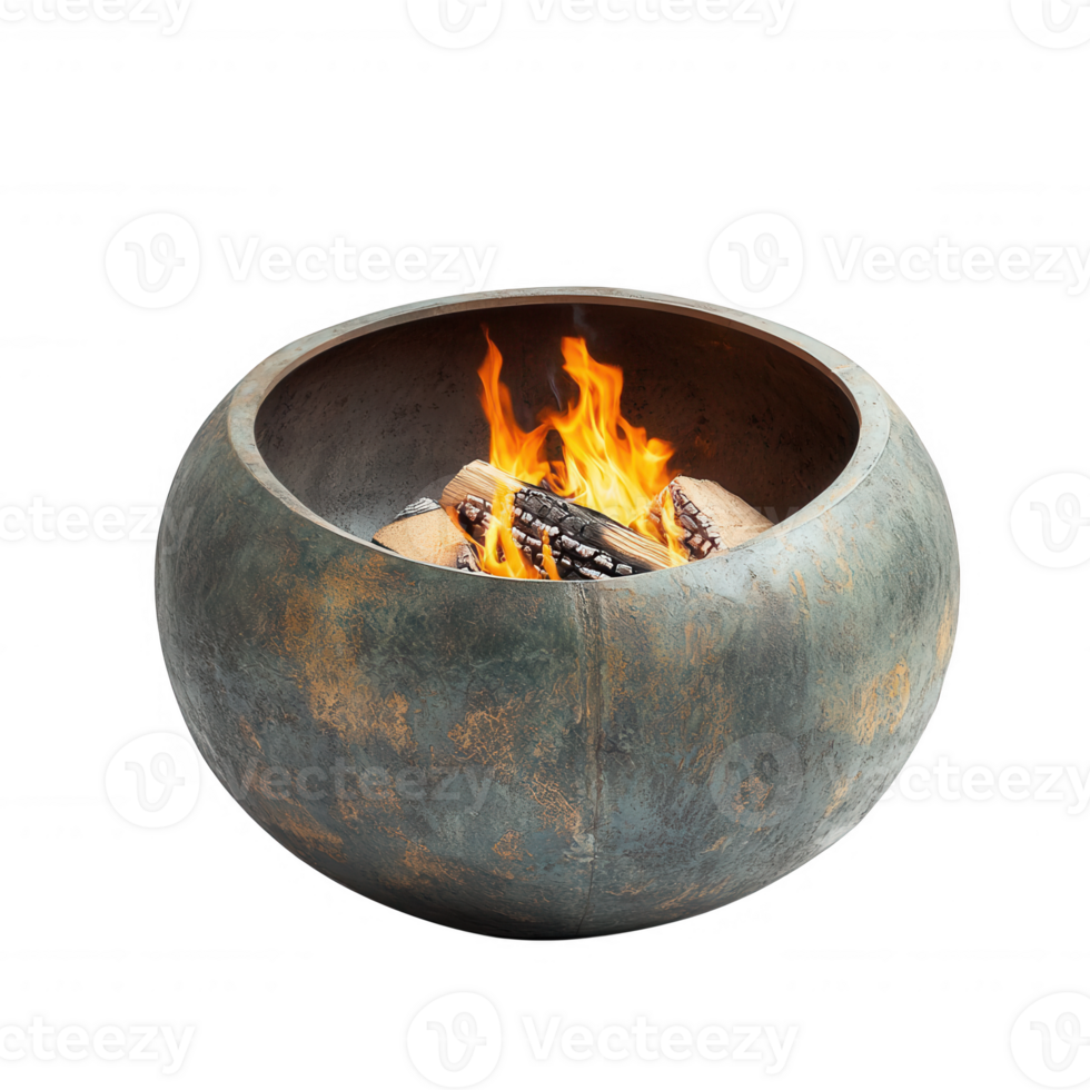 A modern fire pit showcasing vibrant flames and rustic wood logs in an elegant setting. png