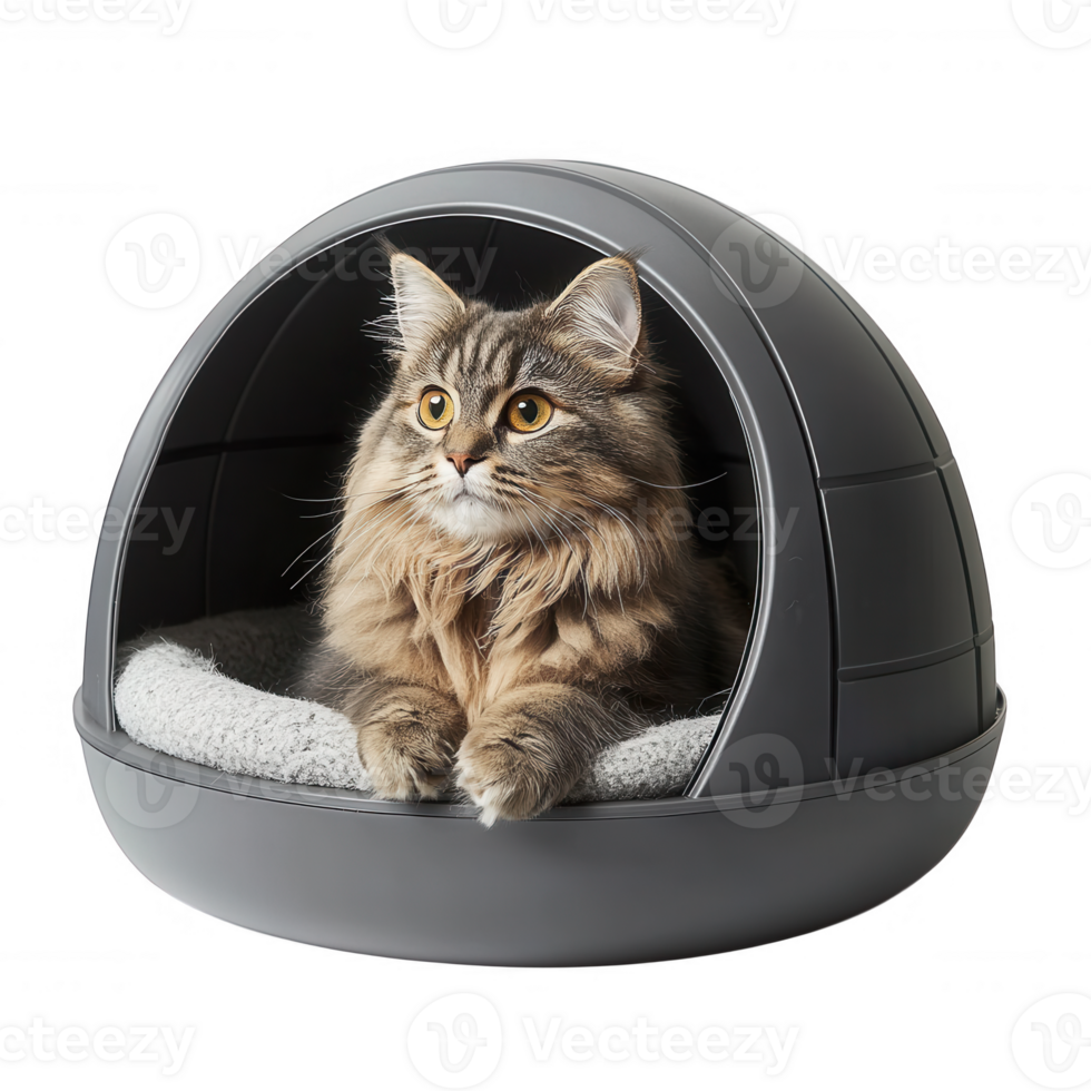 A fluffy cat relaxing in a modern pet house, showcasing comfort and coziness. png