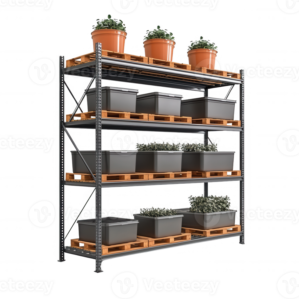 A modern shelving unit displaying vibrant potted plants in a stylish arrangement. png