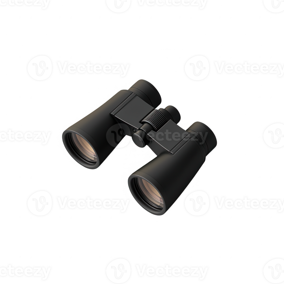 A pair of black binoculars with clear lenses for outdoor exploration and wildlife watching. png