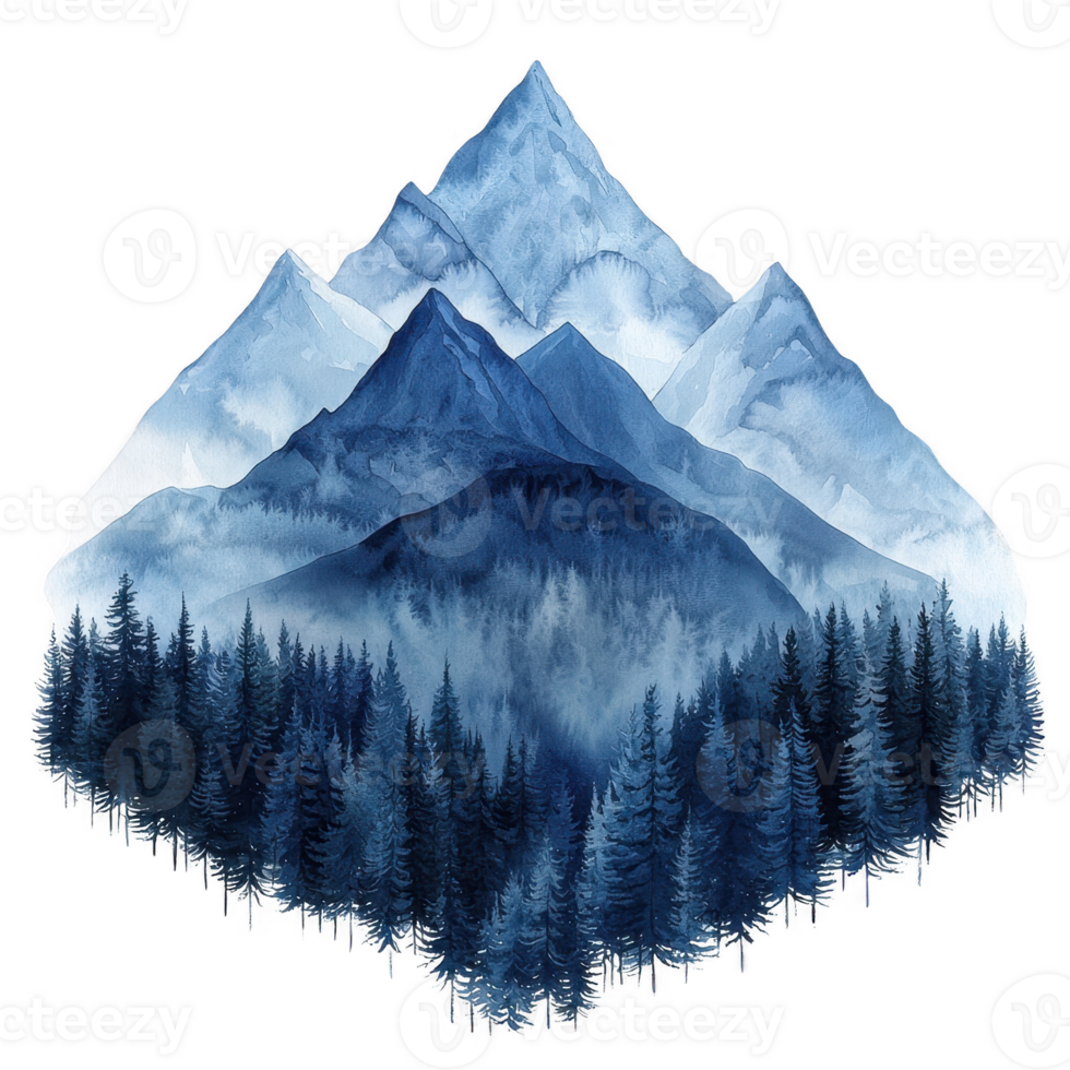 A serene mountain landscape depicting majestic peaks and lush forests. png