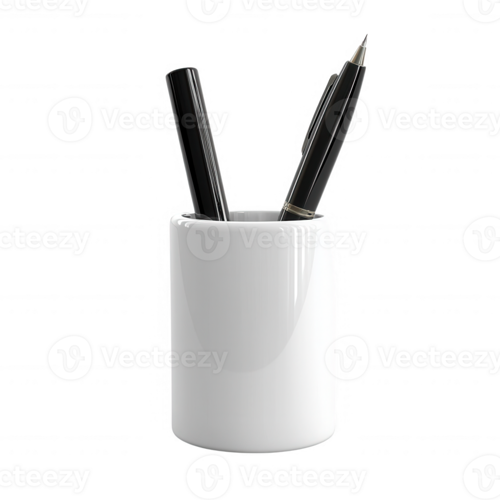 A stylish white pen holder with black pens for a modern workspace. png
