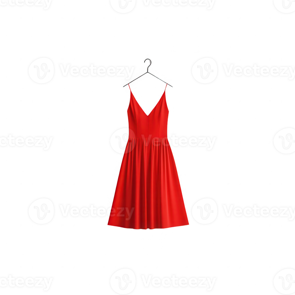 een levendig rood jurk elegant hangende Aan een hanger, presentatie van modern mode stijl. png