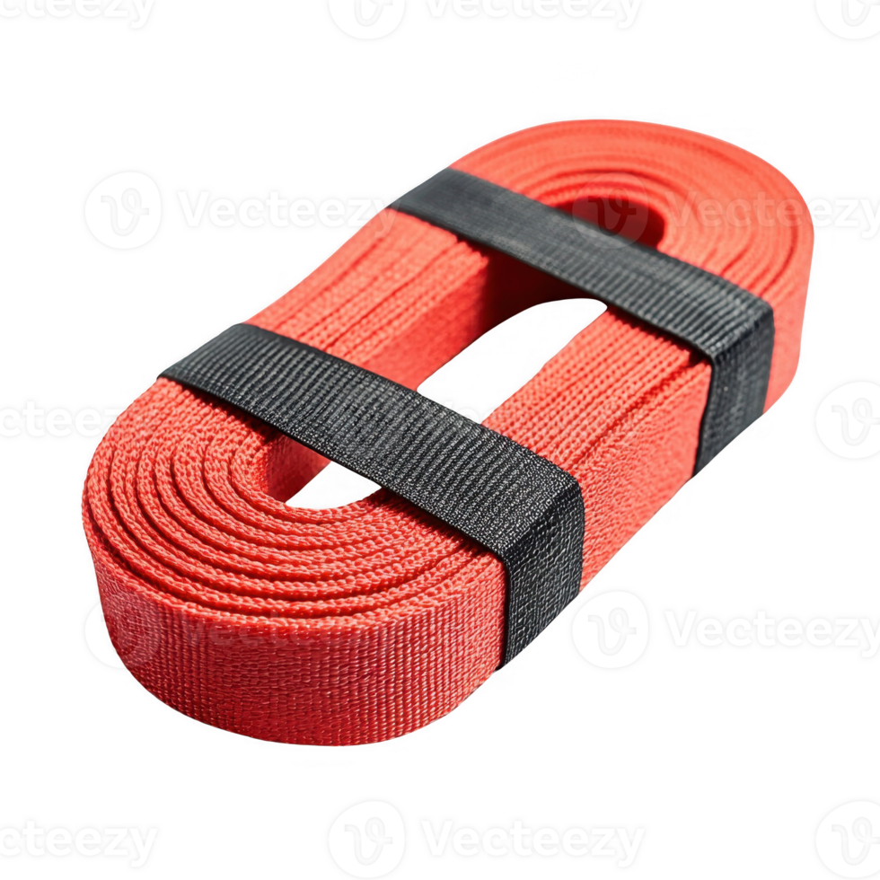 Coiled red resistance band for strength training and fitness exercises. png