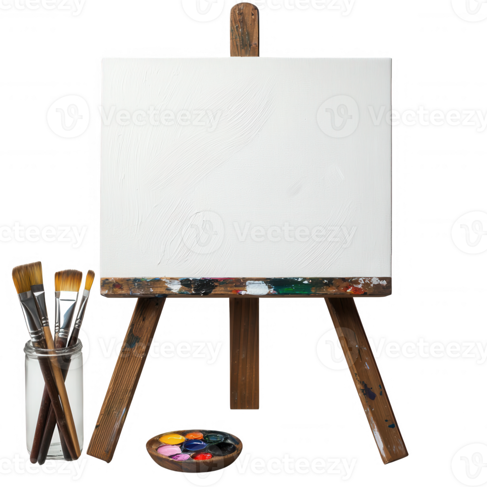 Blank canvas ready for creative painting with brushes and palette. png