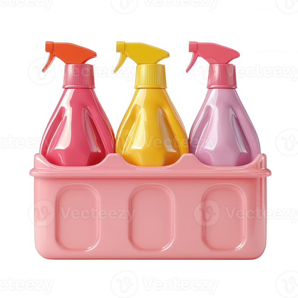 Colorful cleaning bottles arranged neatly in a pink caddy for effective home cleaning. png