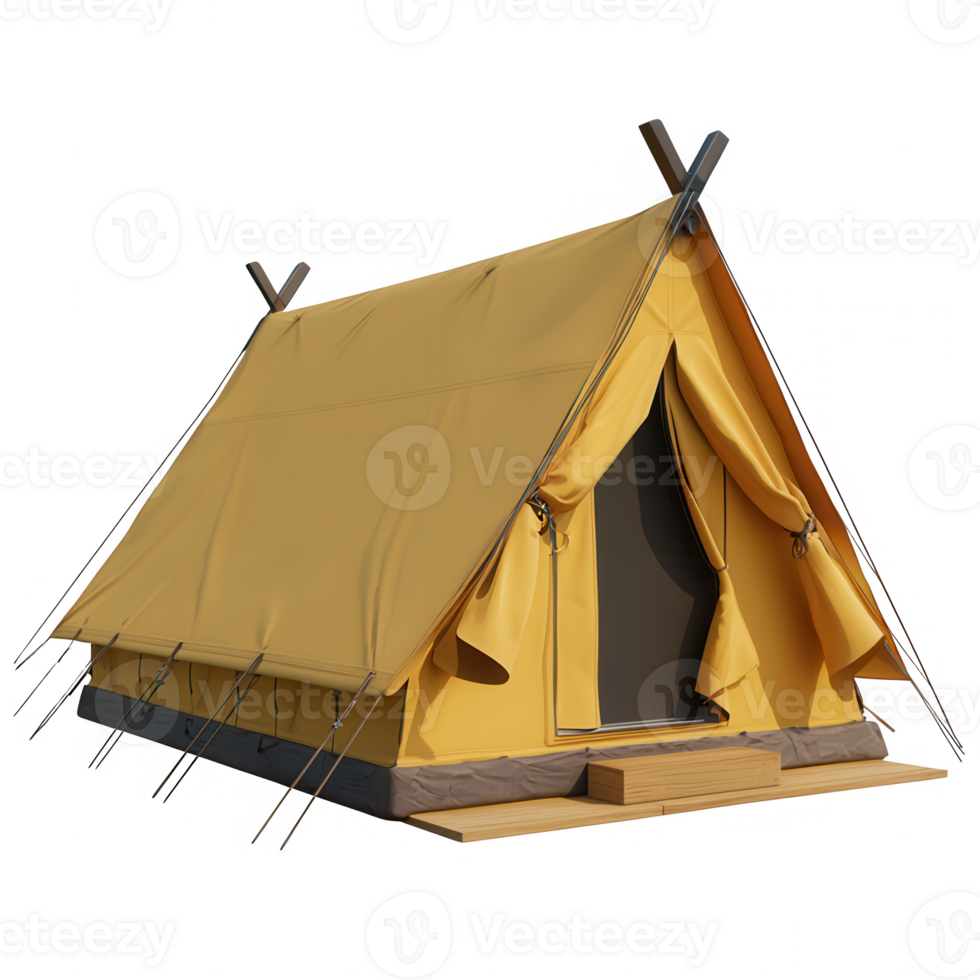 Cozy yellow camping tent set in a serene outdoor environment, perfect for adventures. png