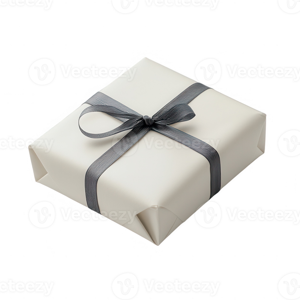 Elegant gift box wrapped in white paper with a stylish gray ribbon. png