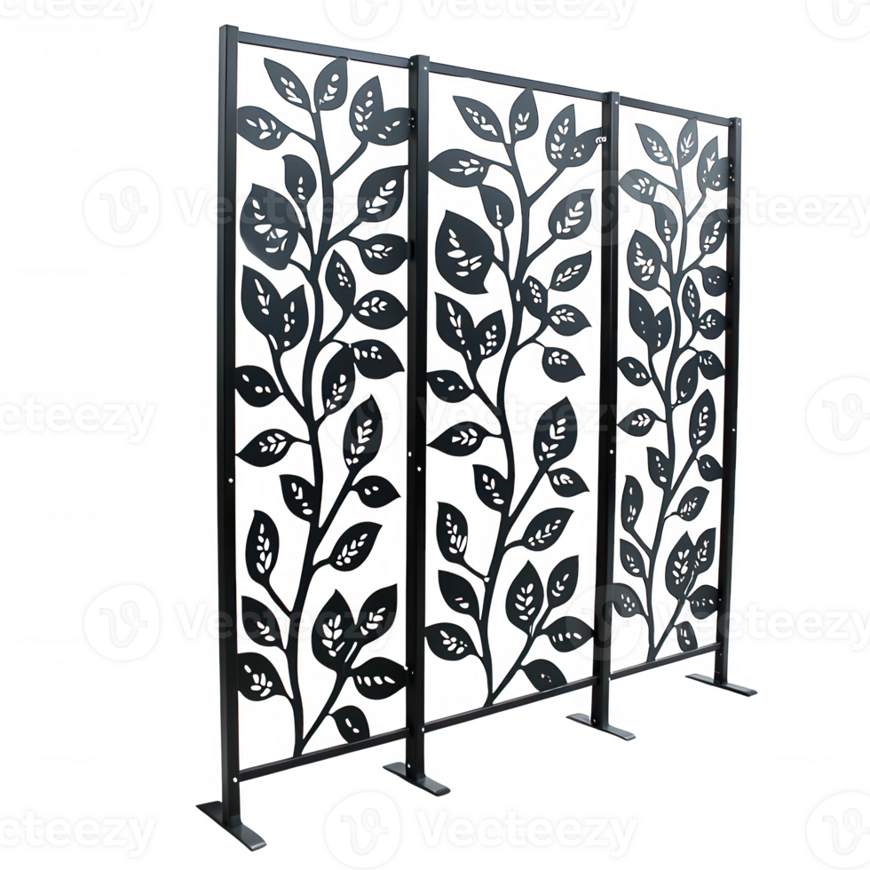 Decorative room divider featuring intricate leaf patterns in black metal. png