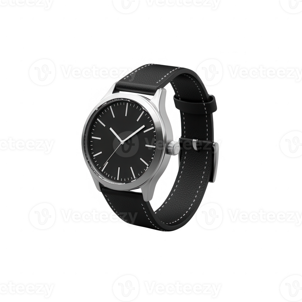 Elegant black watch with a silver case, perfect for professional settings. png