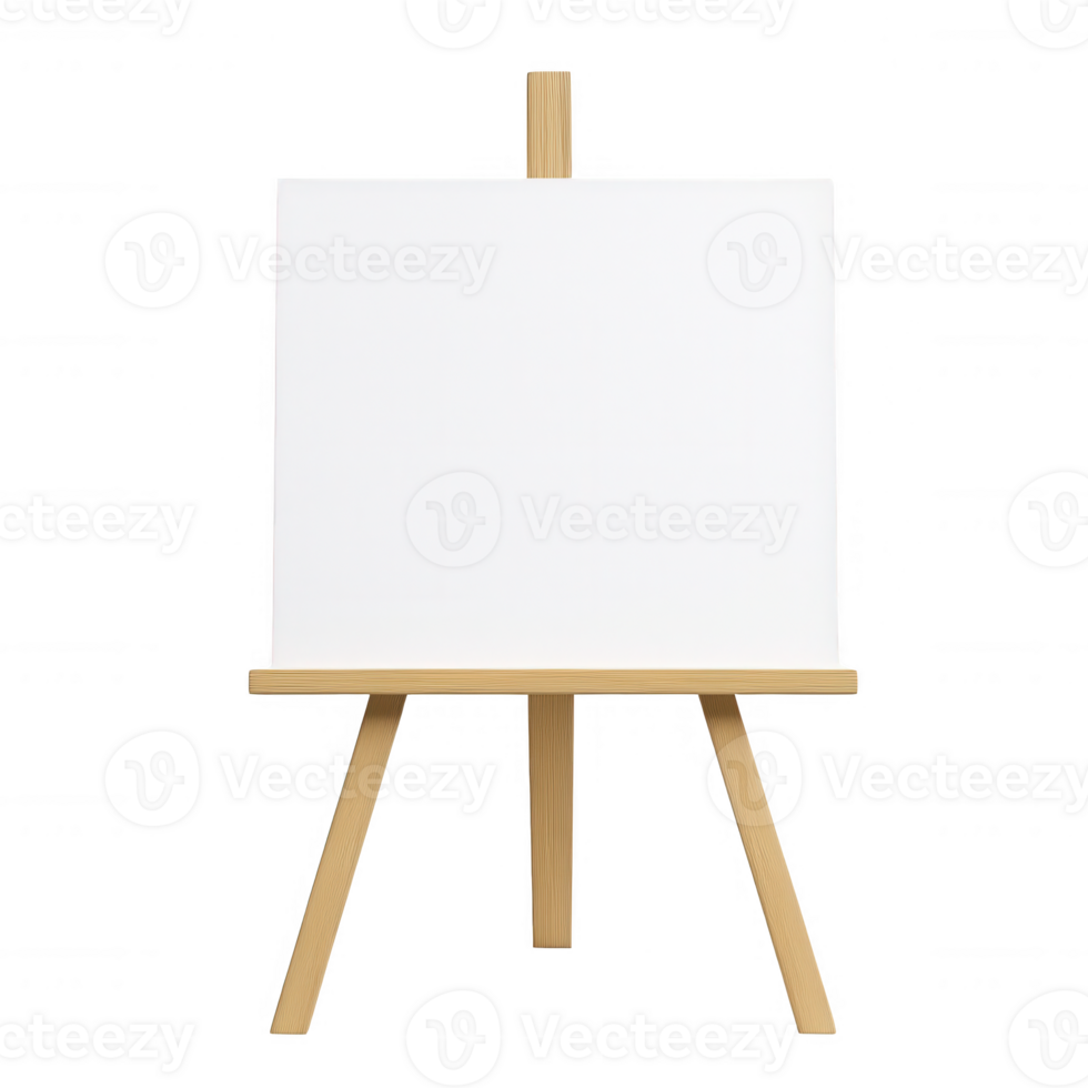 Empty canvas on wooden easel ready for creative artwork or presentation. png