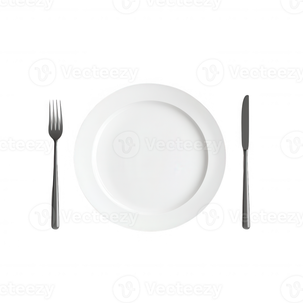 Minimalist table setting with a white plate, fork, and knife on a dark background. png