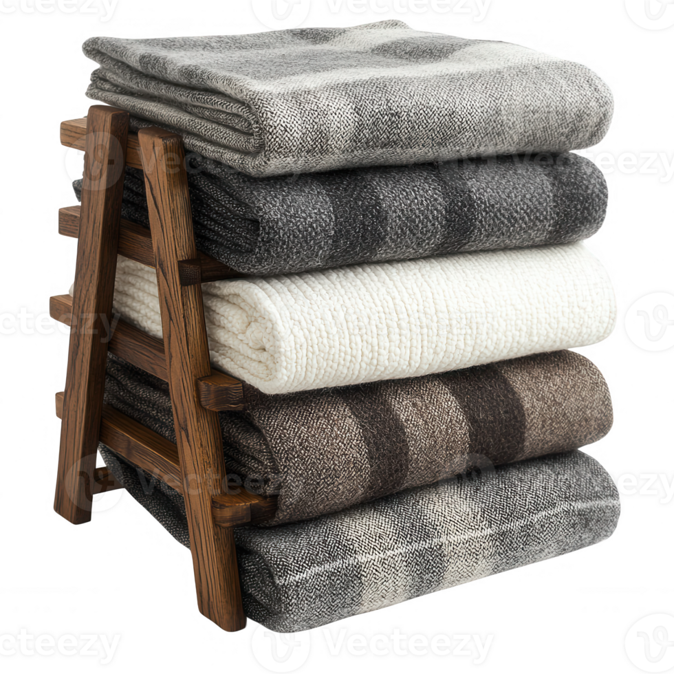 Cozy stacked blankets in neutral colors on a wooden rack, perfect for home decor. png