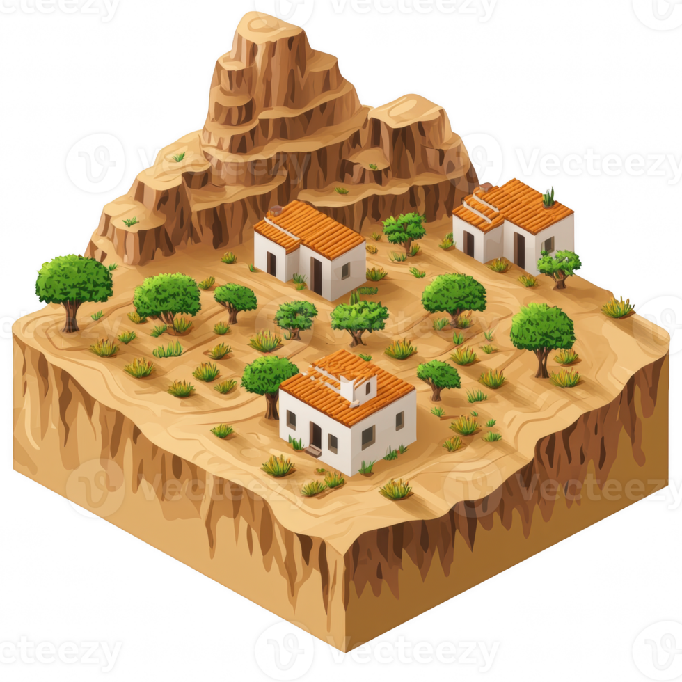Serene illustration of a remote village nestled in a mountainous landscape. png