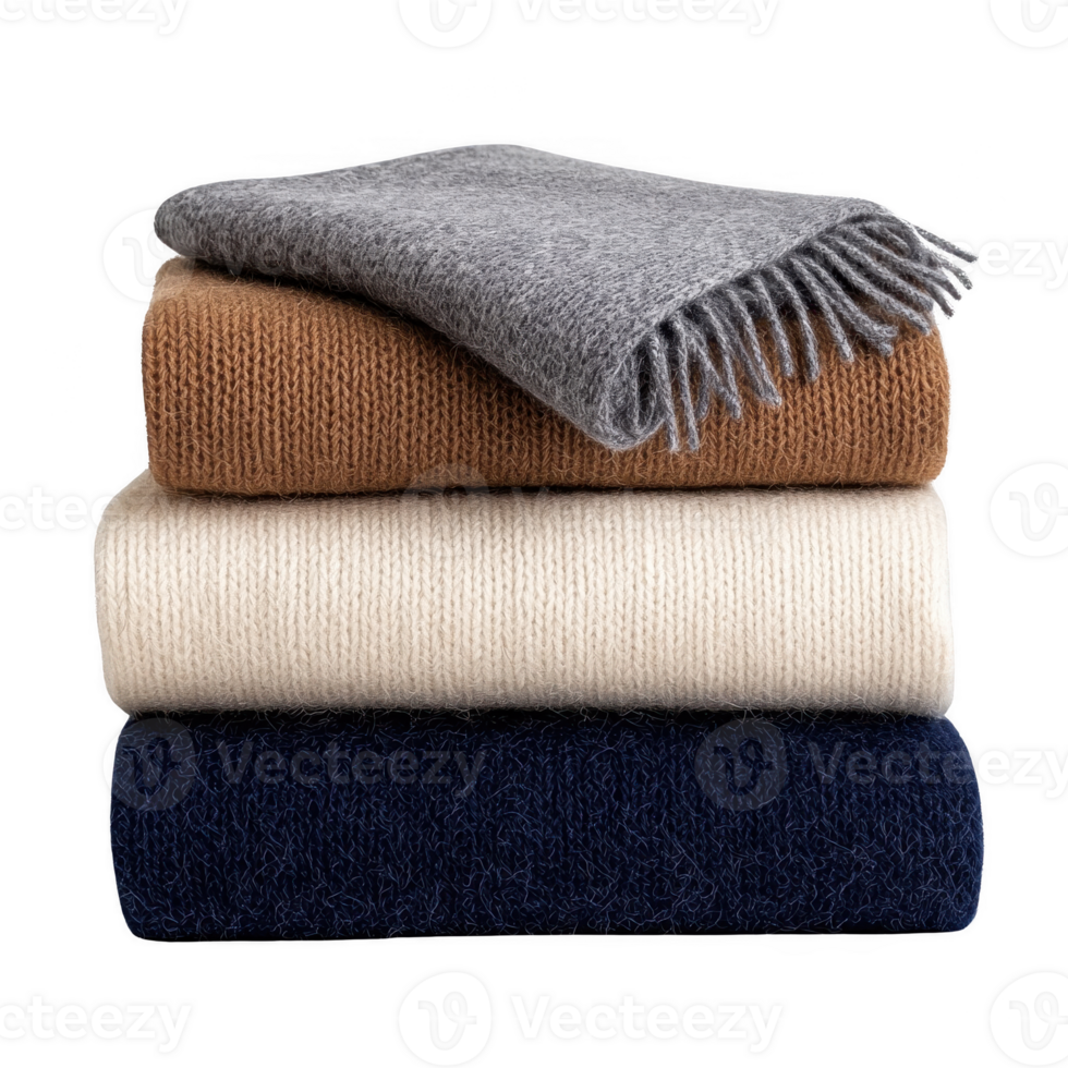 Cozy stacked blankets in warm colors, perfect for comfort in colder days. png
