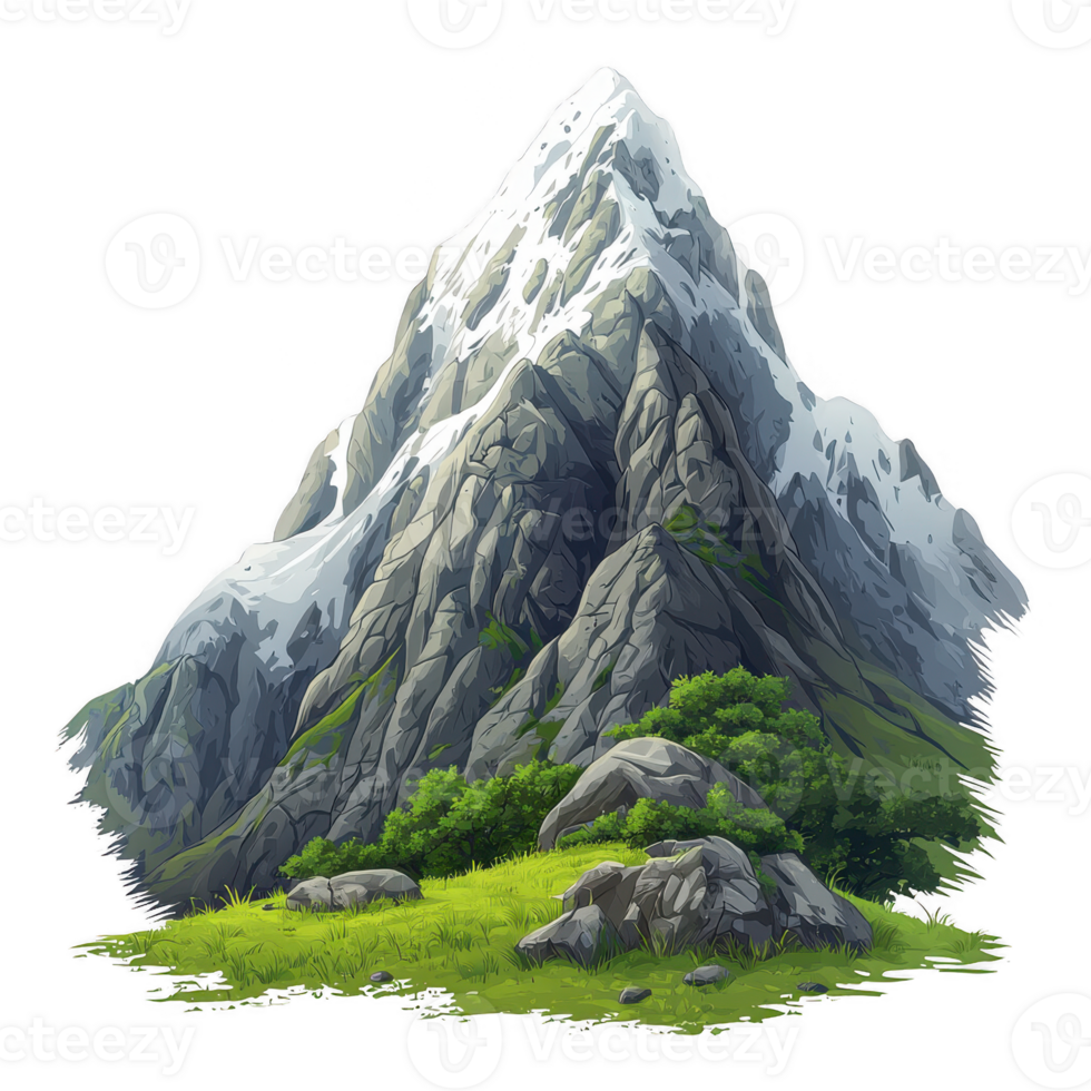 Stunning mountain peak surrounded by lush greenery and rocky terrain under a clear sky. png
