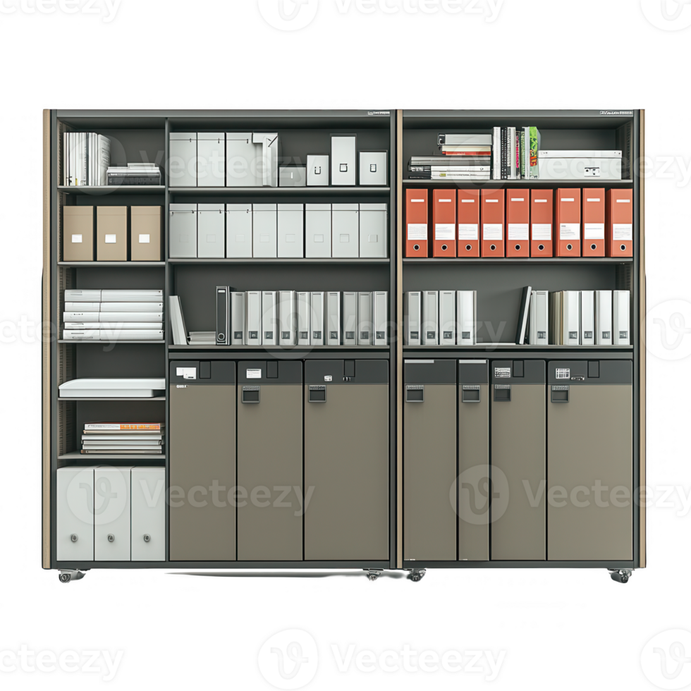 Modern office shelving displaying organized folders and documents for productivity. png
