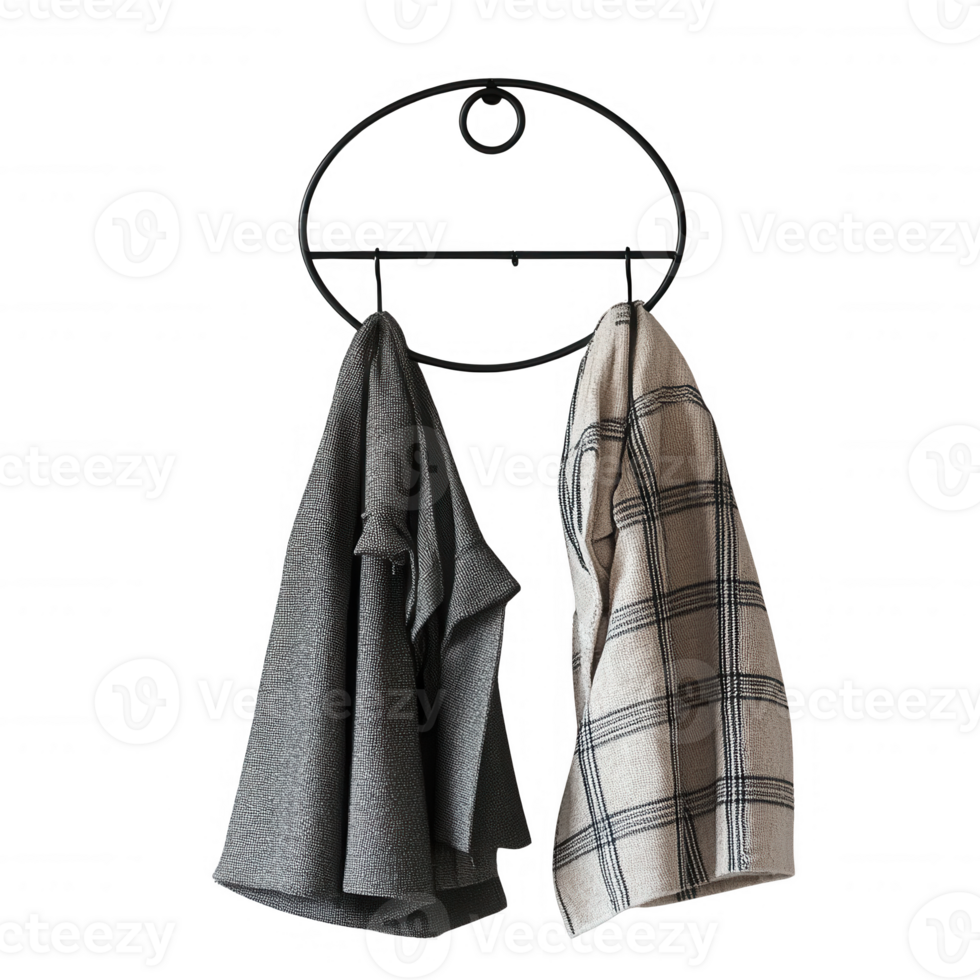 Stylish kitchen towels hanging on a modern holder, enhancing home decor and functionality. png