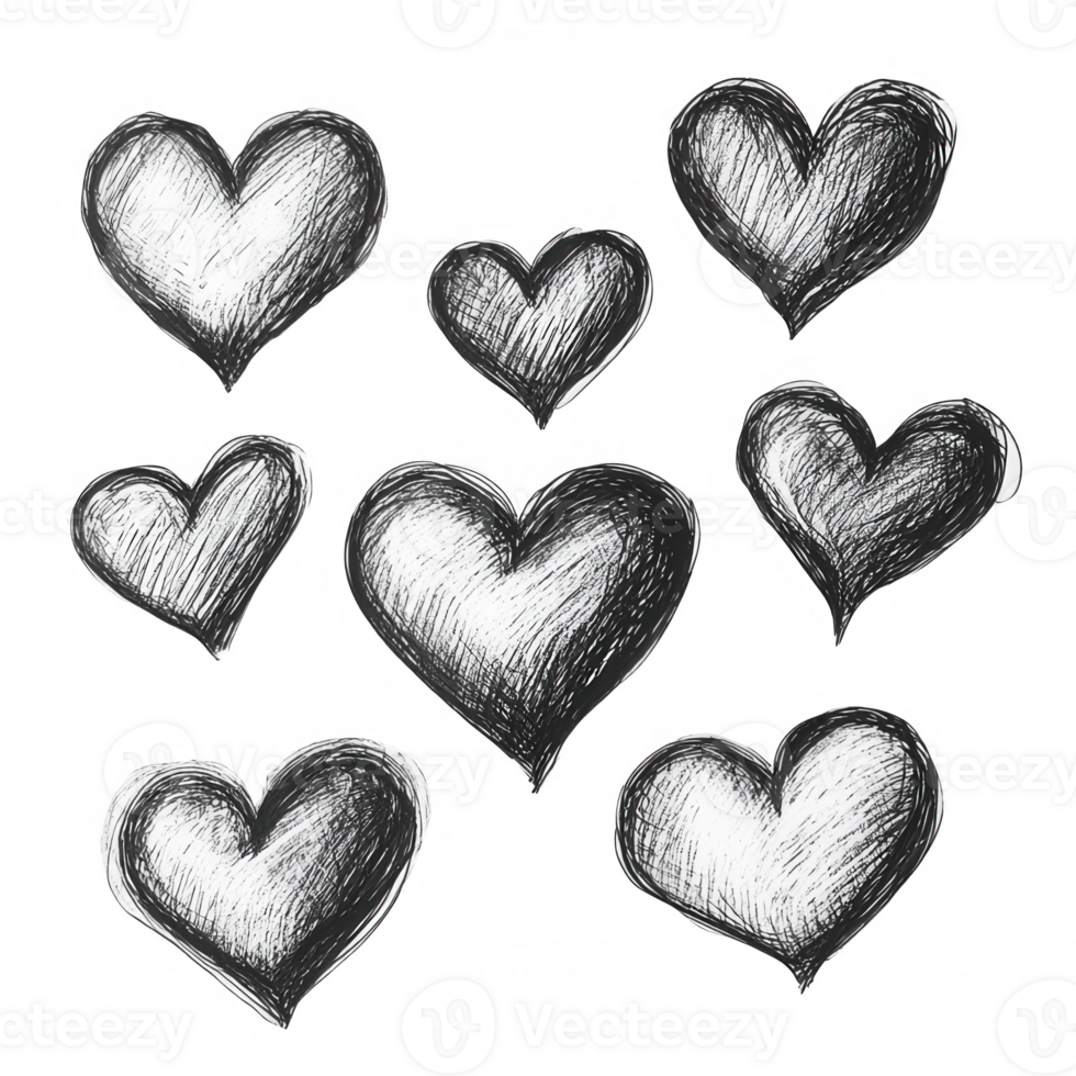 Hand-drawn hearts in various sizes, symbolizing love and affection in art. png