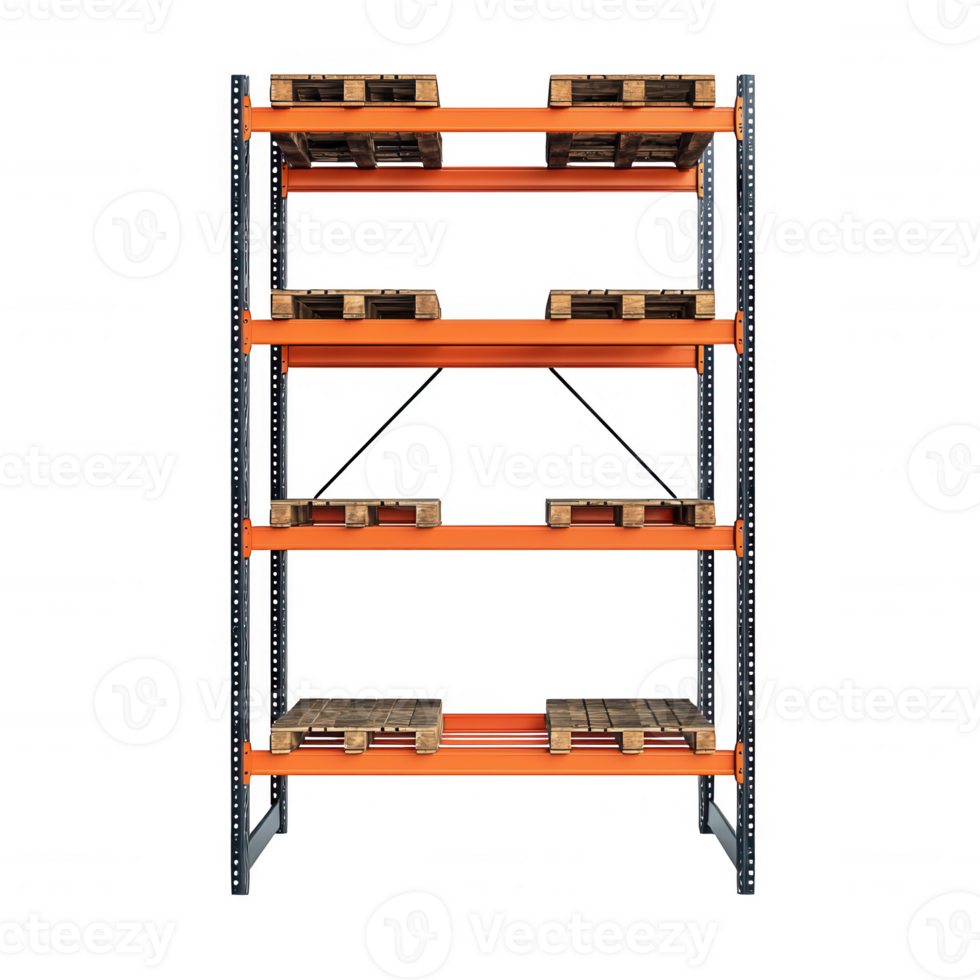Metal shelving unit with pallets for organized storage and efficient warehouse management. png