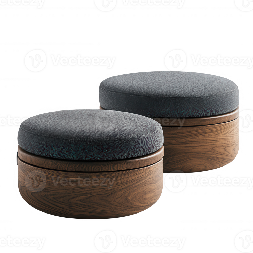 Stylish round ottomans with wooden bases and soft fabric tops in a modern setting. png