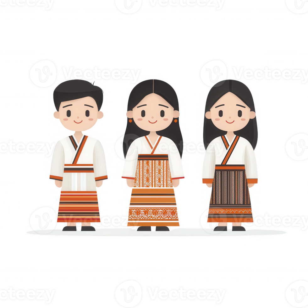 Three characters in traditional attire representing cultural diversity. png