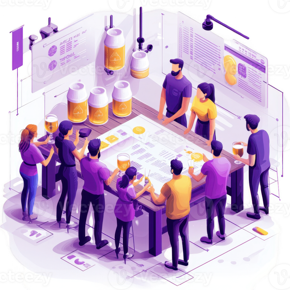 Group of professionals collaborating at a brewery design meeting with data and drinks. png